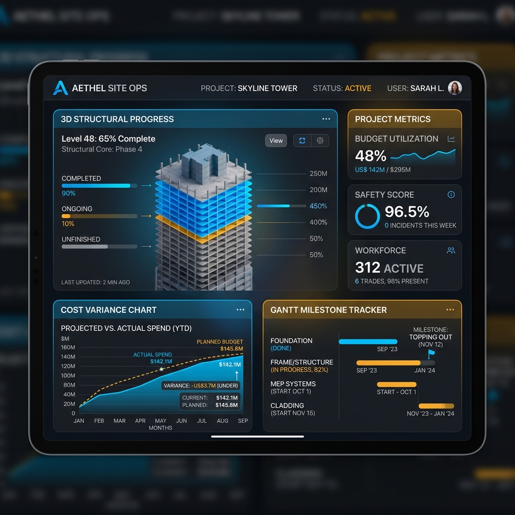 Panel de control táctil de obra en tiempo real con estadísticas y gráficos CertiObra